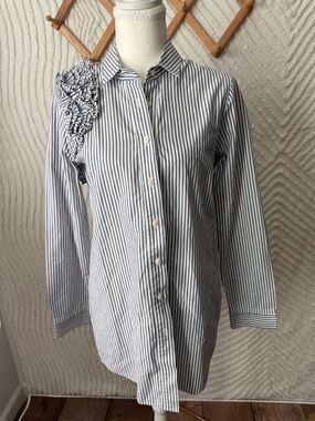 Sibel Saral Blue and White Vertical Stripe Button-Up Blouse with Ruffle Shoulder